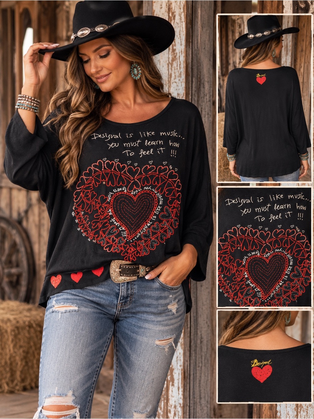 Desigual Black Oversized Heart Graphic Long Sleeve Top Boho Artsy L/XL